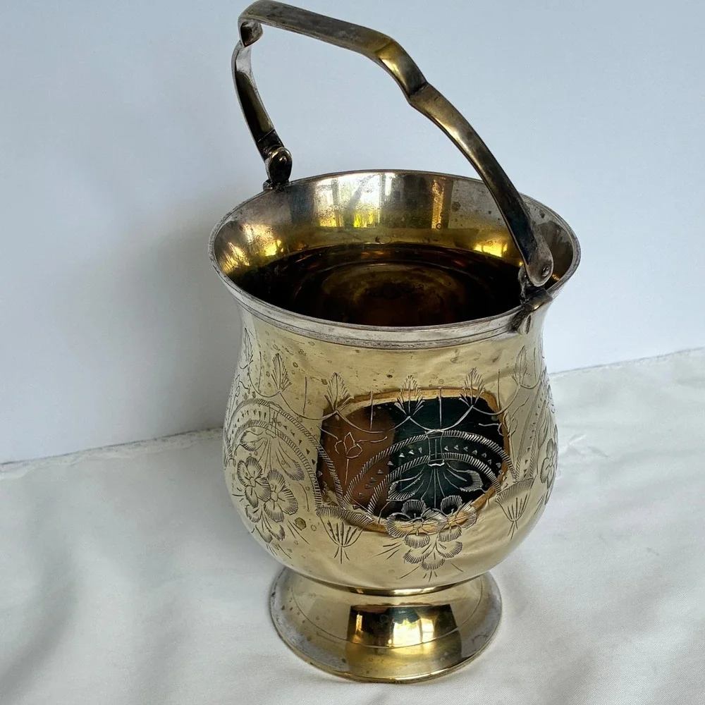 Vtg SilverPlated Brass Etched Floral Ice Bucket Hollywood Regency Grandmillenial